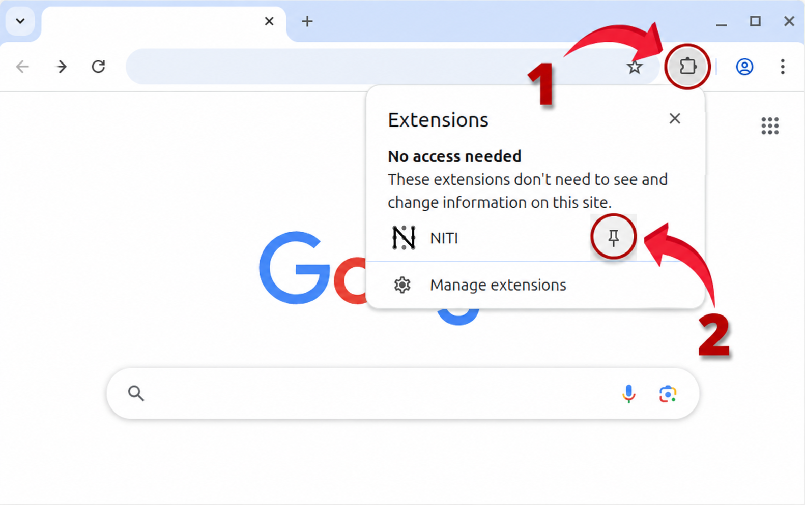 Chrome Extensions menu showing NITI and its pin control